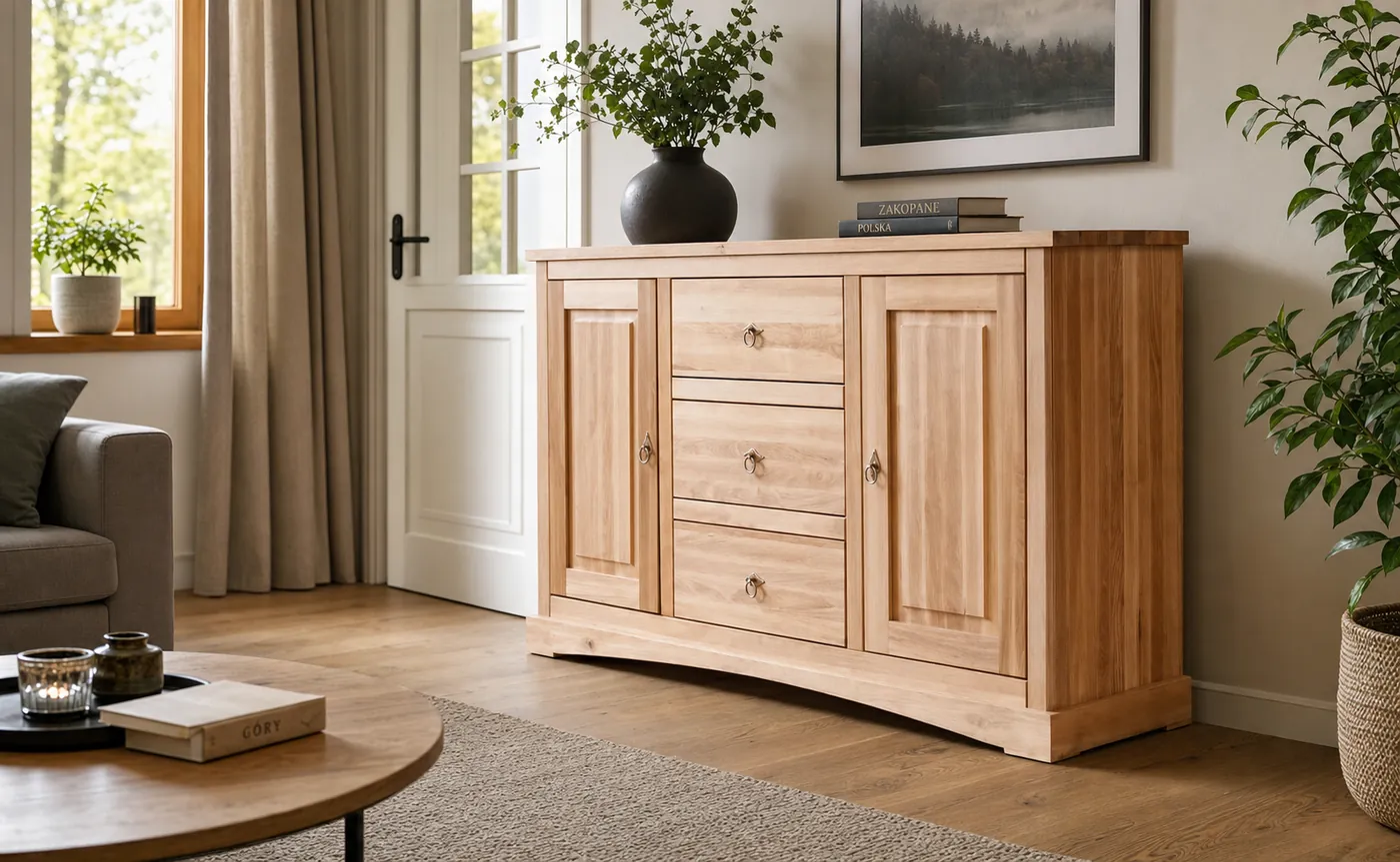 Kredens Wenecja w jasnym salonie z gałązkami w wazonie i fotografią lasu